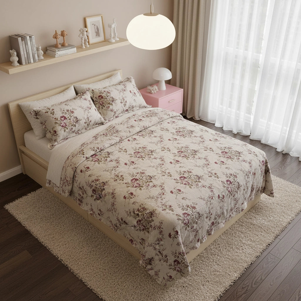 Rose Print Lace Trimmed Linen Bedding Set - Fredesigner