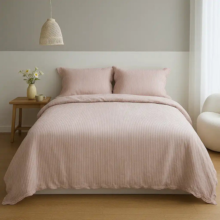 White Wide Stripes Linen Breathable Comforter Set - Fredesigner
