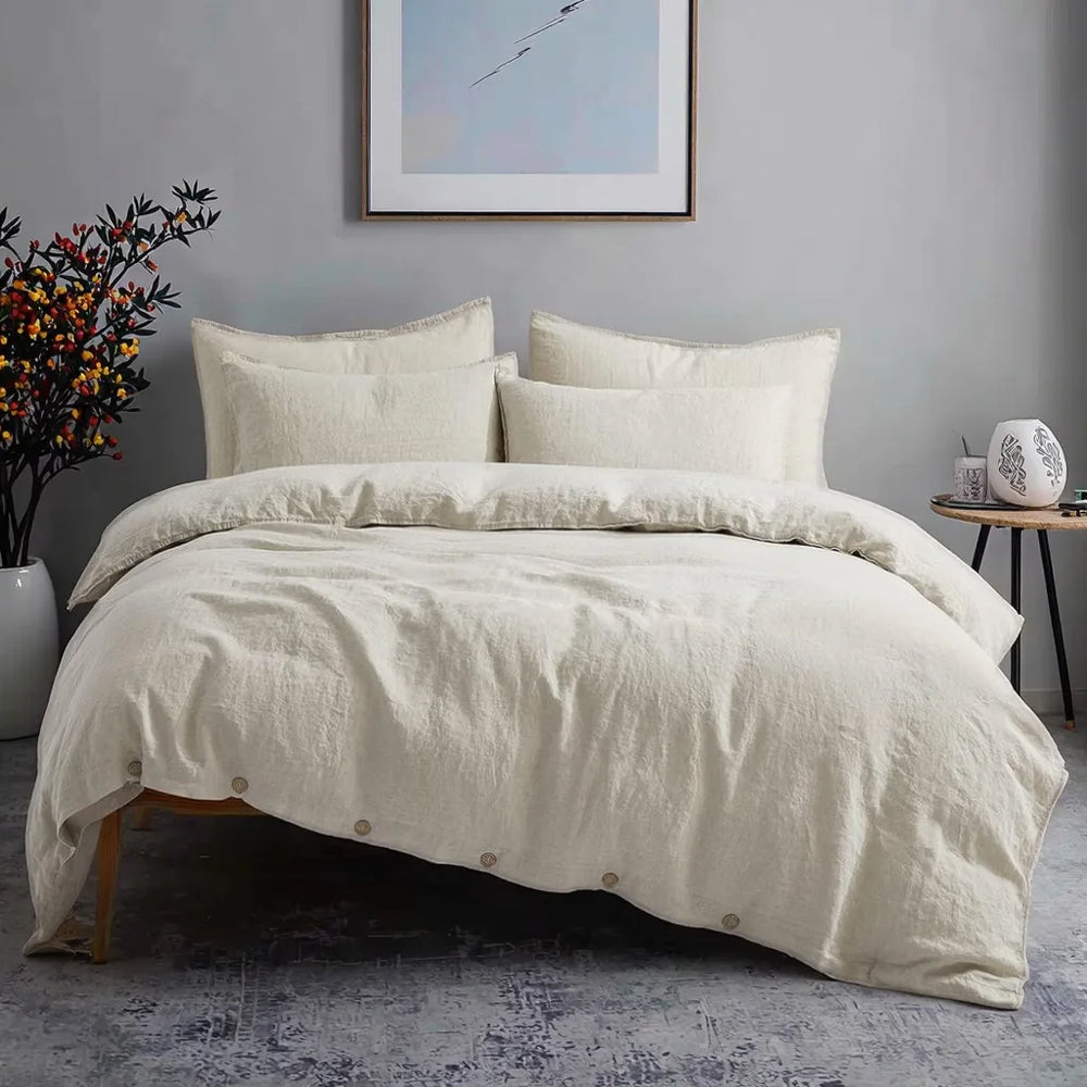 3-Pieces 100% Linen Beige Solid Duvet Cover Set - Fredesigner