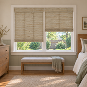 Custom Tessora 2 Shades on 1 Headrail Bamboo Shades - Beige 390 - 2 independently raised panels in a bedroom