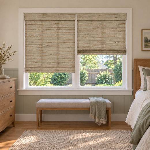 Custom Tessora 2 Shades on 1 Headrail Bamboo Shades - Beige 390 - 2 independently raised panels in a bedroom