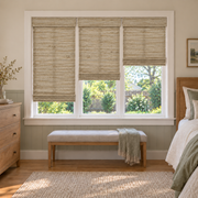Custom Tessora 3 Shades on 1 Headrail Bamboo Shades - Beige 390 - 3 independently raised panels in a bedroom