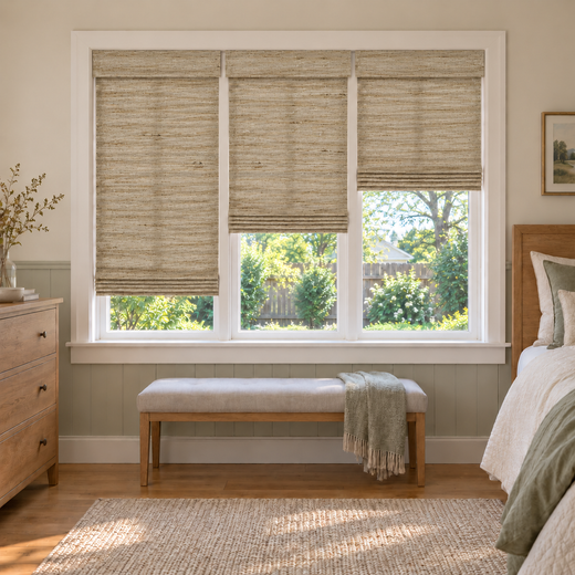 Custom Tessora 3 Shades on 1 Headrail Bamboo Shades - Beige 390 - 3 independently raised panels in a bedroom