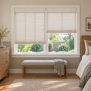Custom Tessora 2 Shades on 1 Headrail Bamboo Shades - Beige White 390-02 - 2 independently raised panels in a bedroom