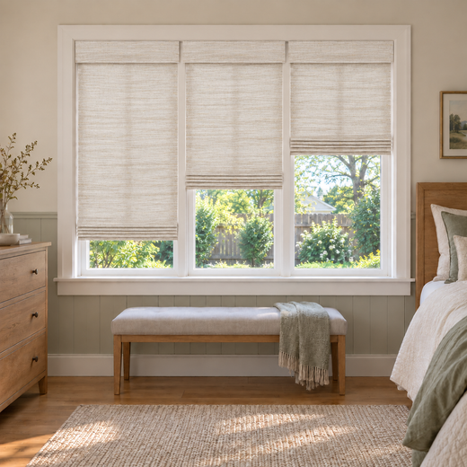 Custom Tessora 3 Shades on 1 Headrail Bamboo Shades - Beige White 390-02 - 3 independently raised panels in a bedroom
