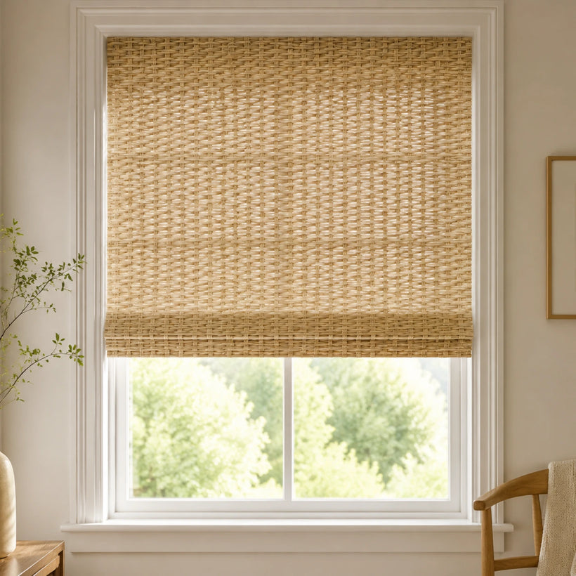 Custom Natural Enchanted Meadow Woven Bamboo Shades - front room light filtering