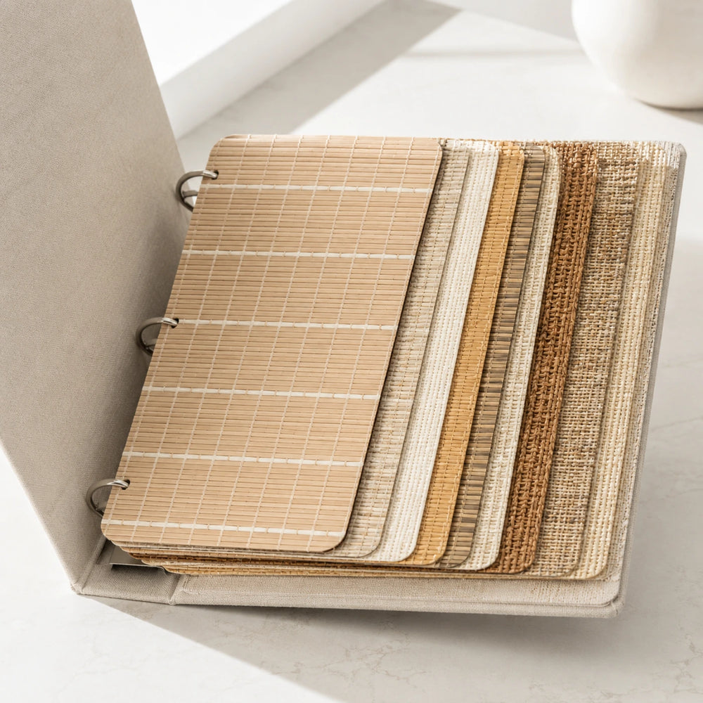 Ramie Bamboo Shade Sample Book - woven material swatches in natural ramie, jute, bamboo, and linen tones