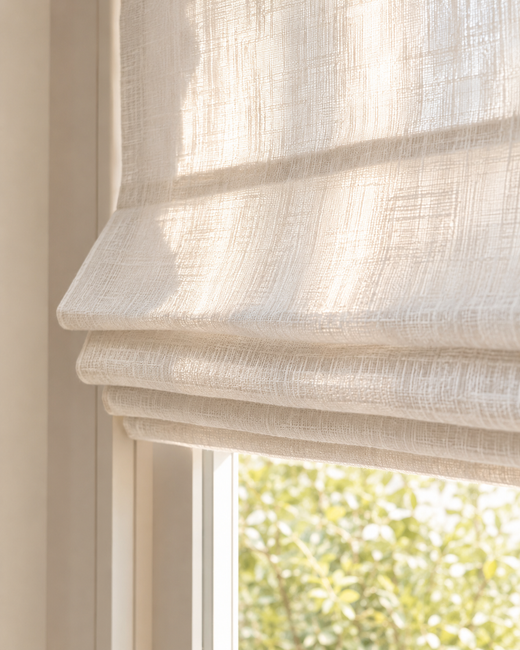 Custom White Linen Plain Fold Roman Shade room detail by Fredesigner