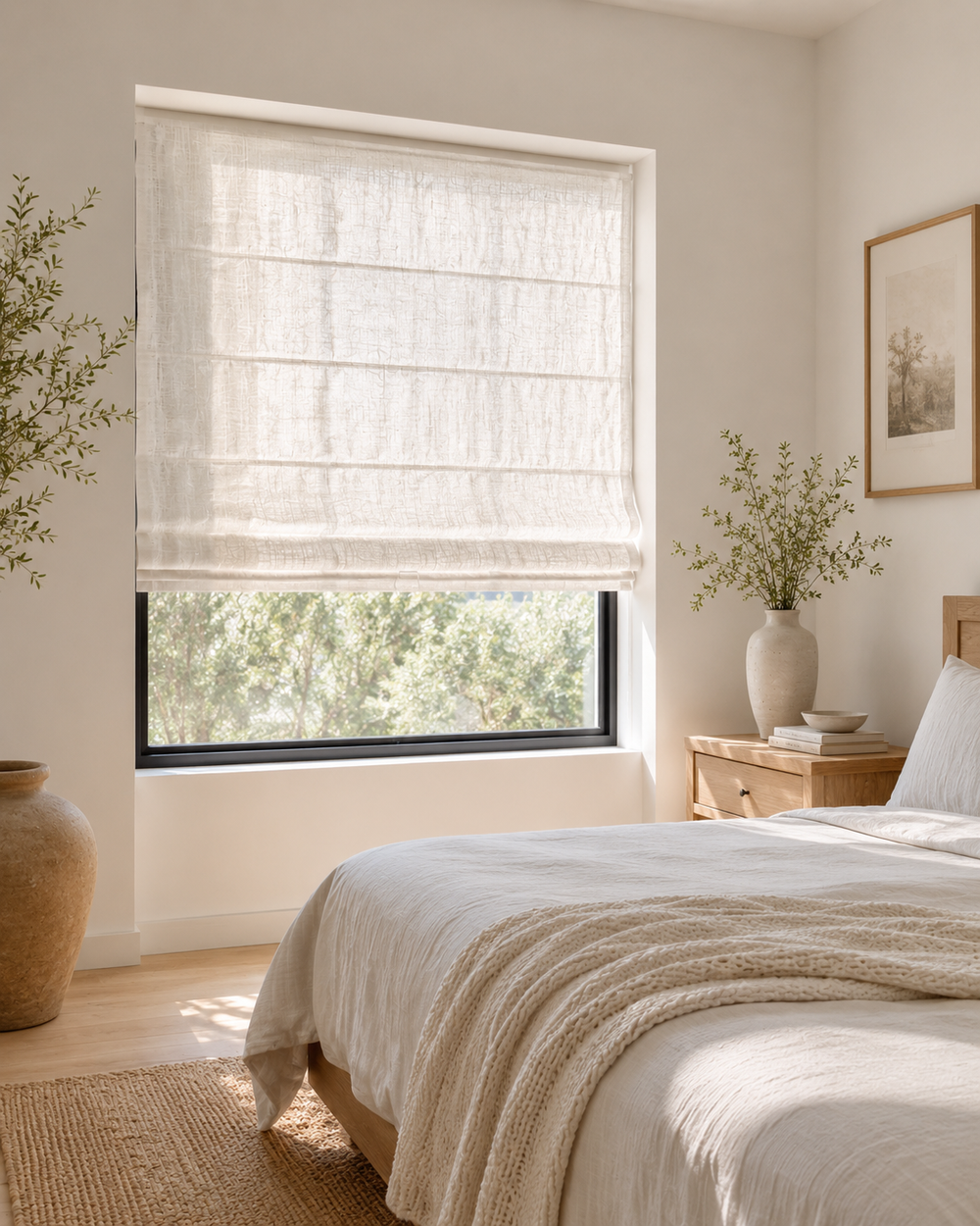 Custom White Linen Plain Fold Roman Shade front view by Fredesigner
