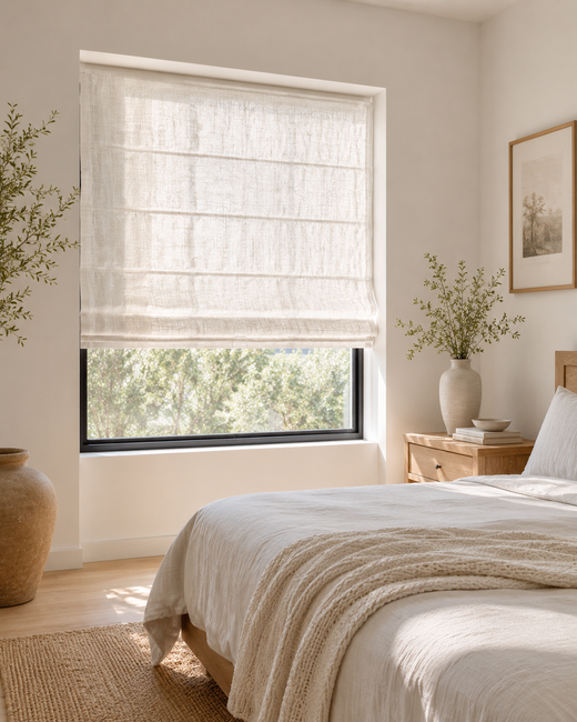 Custom White Linen Plain Fold Roman Shade front view by Fredesigner