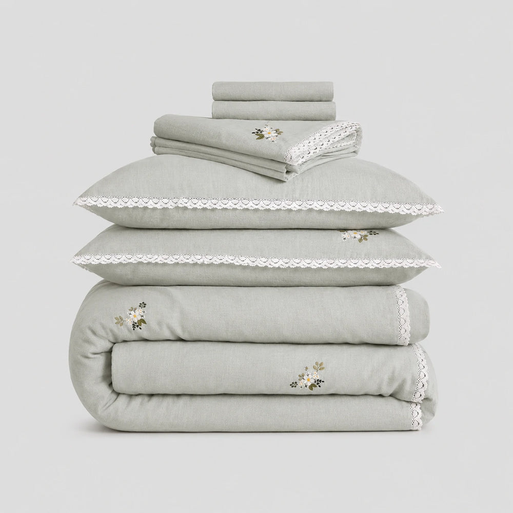100% Linen Custom Embroidery Comforter Set with Lace Edge - Fredesigner