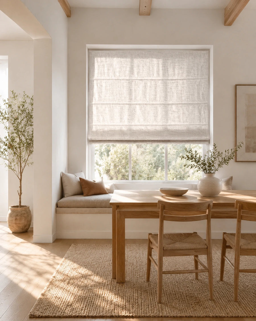 Custom White Linen Plain Fold Roman Shade