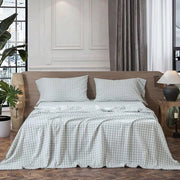 100% Linen Sage Green Checkered Bed Sheet Set - Fredesigner
