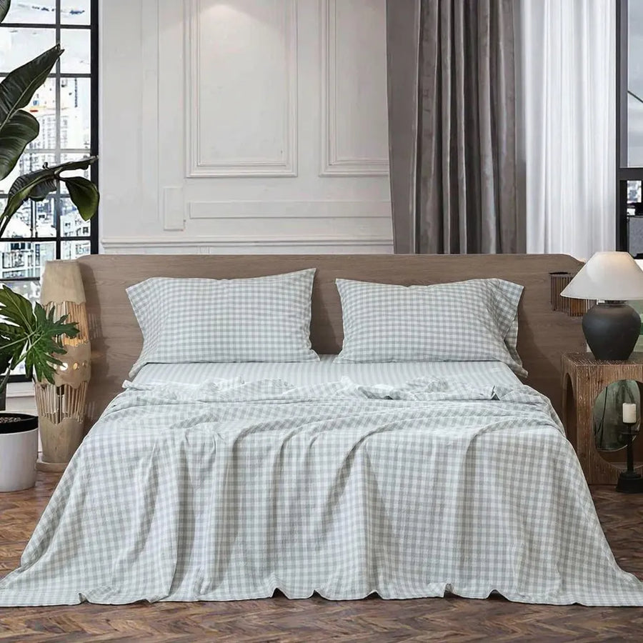 100% Linen Sage Green Checkered Bed Sheet Set - Fredesigner