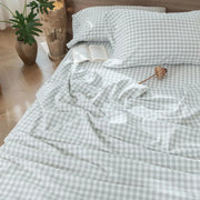 100% Linen Sage Green Checkered Bed Sheet Set - Fredesigner