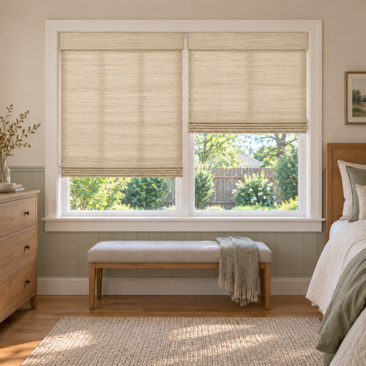 Custom Tessora 2 Shades on 1 Headrail Bamboo Shades - Cashew D11-01 - 2 independently raised panels in a bedroom