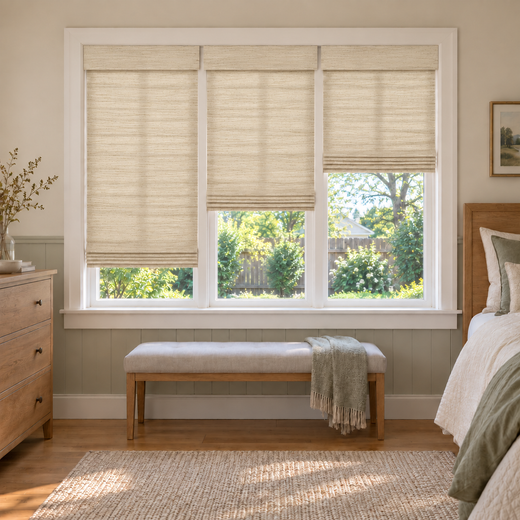 Custom Tessora 3 Shades on 1 Headrail Bamboo Shades - Cashew D11-01 - 3 independently raised panels in a bedroom