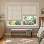 Custom Tessora 2 Shades on 1 Headrail Bamboo Shades - Cream D13-02 - 2 independently raised panels in a bedroom
