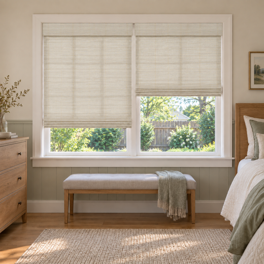 Custom Tessora 2 Shades on 1 Headrail Bamboo Shades - Cream D13-02 - 2 independently raised panels in a bedroom