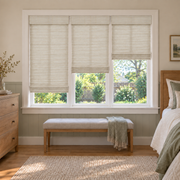 Custom Tessora 3 Shades on 1 Headrail Bamboo Shades - Cream D13-02 - 3 independently raised panels in a bedroom