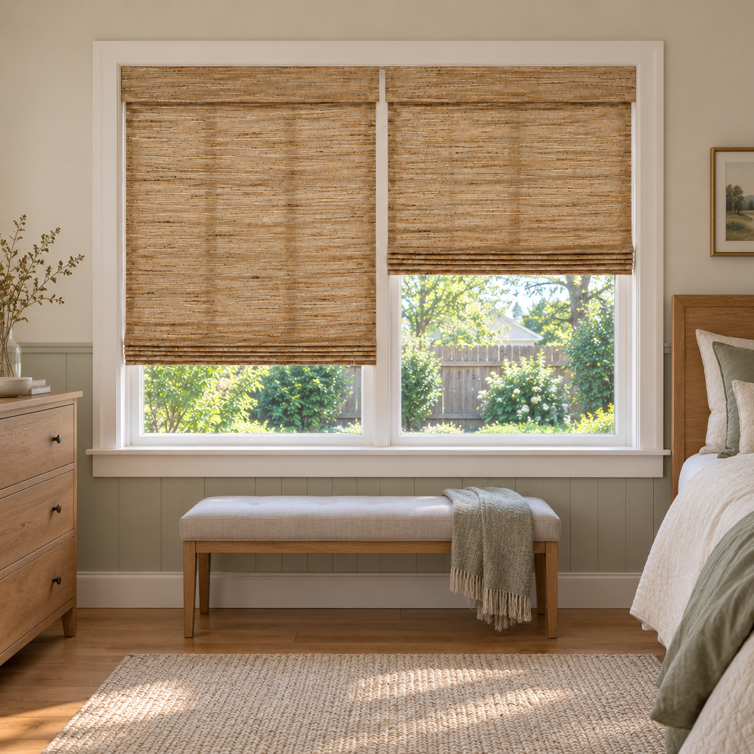 Custom Tessora 2 Shades on 1 Headrail Bamboo Shades - Honeynut D15-04 - 2 independently raised panels in a bedroom