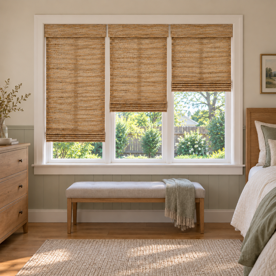 Custom Tessora 3 Shades on 1 Headrail Bamboo Shades - Honeynut D15-04 - 3 independently raised panels in a bedroom
