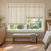Custom Orelle 2 Shades on 1 Headrail Bamboo Shades - Snow - 2 independently raised panels in a bedroom