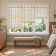 Custom Orelle 3 Shades on 1 Headrail Bamboo Shades - Snow - 3 independently raised panels in a bedroom