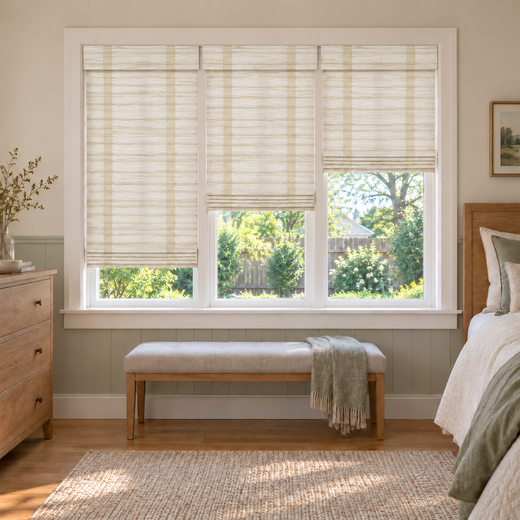 Custom Orelle 3 Shades on 1 Headrail Bamboo Shades - Snow - 3 independently raised panels in a bedroom