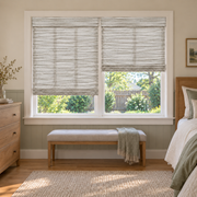 Custom Orelle 2 Shades on 1 Headrail Bamboo Shades - Marble - 2 independently raised panels in a bedroom