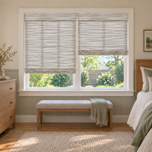 Custom Orelle 2 Shades on 1 Headrail Bamboo Shades - Marble - 2 independently raised panels in a bedroom
