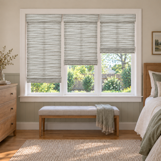 Custom Orelle 3 Shades on 1 Headrail Bamboo Shades - Marble - 3 independently raised panels in a bedroom