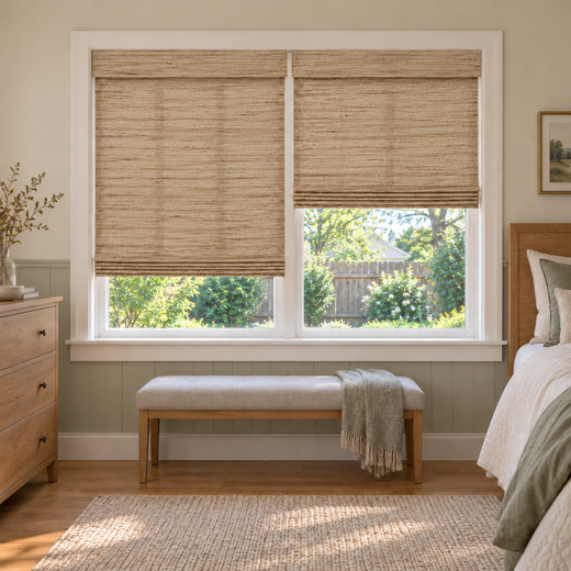 Custom Tessora 2 Shades on 1 Headrail Bamboo Shades - Beige Brown DHZ-01 - 2 independently raised panels in a bedroom