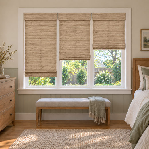 Custom Tessora 3 Shades on 1 Headrail Bamboo Shades - Beige Brown DHZ-01 - 3 independently raised panels in a bedroom