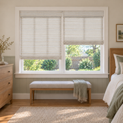 Custom Tessora 2 Shades on 1 Headrail Bamboo Shades - Marble White DMC02-01 - 2 independently raised panels in a bedroom