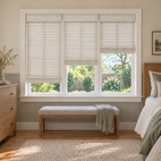 Custom Tessora 3 Shades on 1 Headrail Bamboo Shades - Marble White DMC02-01 - 3 independently raised panels in a bedroom