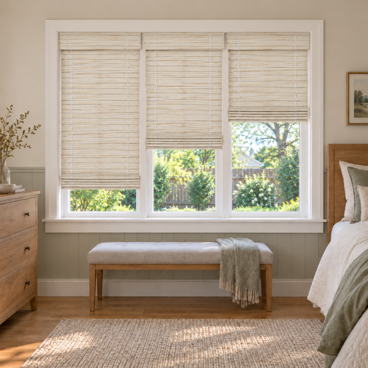 Custom Orelle 3 Shades on 1 Headrail Bamboo Shades - Bone White - 3 independently raised panels in a bedroom