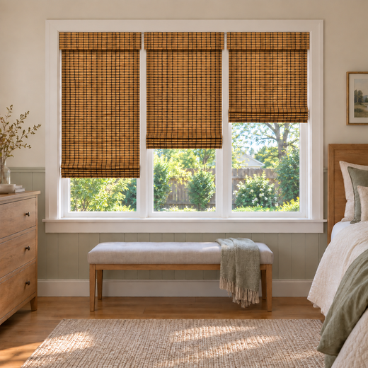 Custom Orelle 3 Shades on 1 Headrail Bamboo Shades - Amber - 3 independently raised panels in a bedroom