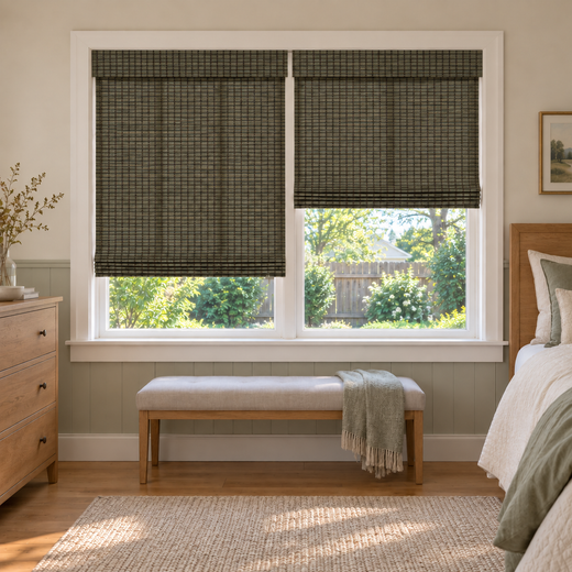 Custom Orelle 2 Shades on 1 Headrail Bamboo Shades - Moss - 2 independently raised panels in a bedroom