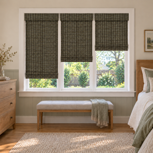 Custom Orelle 3 Shades on 1 Headrail Bamboo Shades - Moss - 3 independently raised panels in a bedroom