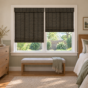Custom Orelle 2 Shades on 1 Headrail Bamboo Shades - Black Brown - 2 independently raised panels in a bedroom