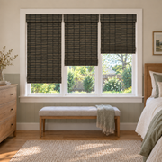 Custom Orelle 3 Shades on 1 Headrail Bamboo Shades - Black Brown - 3 independently raised panels in a bedroom