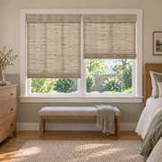 Custom Tessora 2 Shades on 1 Headrail Bamboo Shades - Almond E427 - 2 independently raised panels in a bedroom