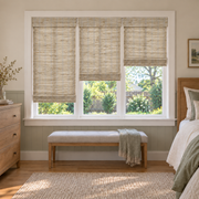 Custom Tessora 3 Shades on 1 Headrail Bamboo Shades - Almond E427 - 3 independently raised panels in a bedroom