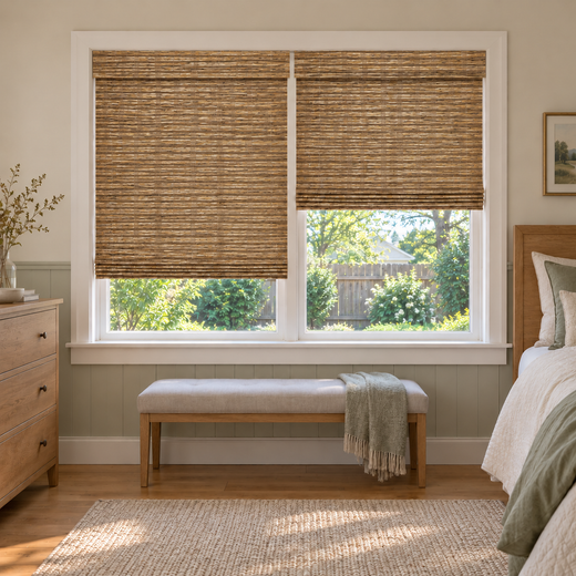 Custom Solenne 2 Shades on 1 Headrail Bamboo Shades - Pecan H11-1 - 2 independently raised panels in a bedroom
