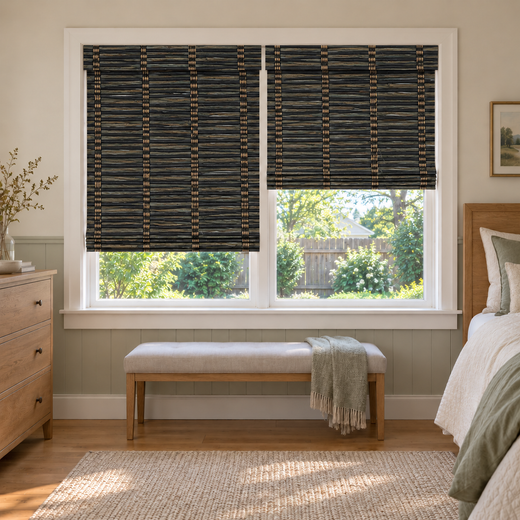 Custom Solenne 2 Shades on 1 Headrail Bamboo Shades - Inkwell Oak H11-10 - 2 independently raised panels in a bedroom