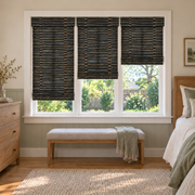 Custom Solenne 3 Shades on 1 Headrail Bamboo Shades - Inkwell Oak H11-10 - 3 independently raised panels in a bedroom