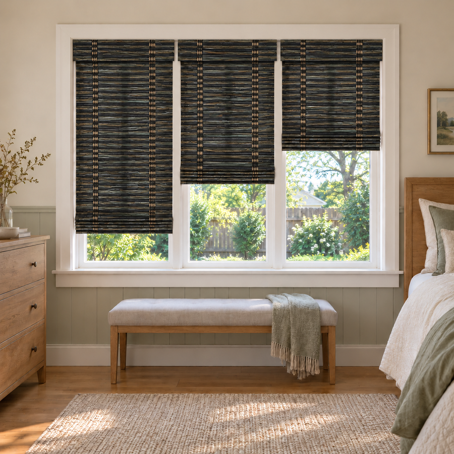 Custom Solenne 3 Shades on 1 Headrail Bamboo Shades - Inkwell Oak H11-10 - 3 independently raised panels in a bedroom