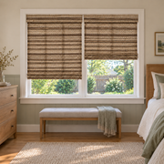 Custom Solenne 2 Shades on 1 Headrail Bamboo Shades - Chestnut - 2 independently raised panels in a bedroom