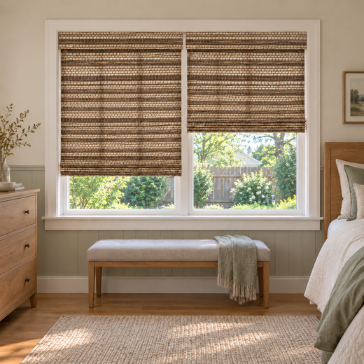 Custom Solenne 2 Shades on 1 Headrail Bamboo Shades - Chestnut - 2 independently raised panels in a bedroom